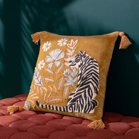 White Tiger Embroidered Velvet Tasselled Cushion