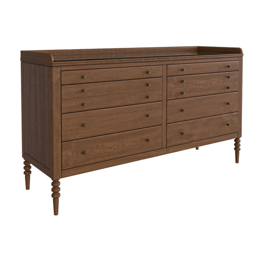 Wooden dresser with multiple drawers on a white background