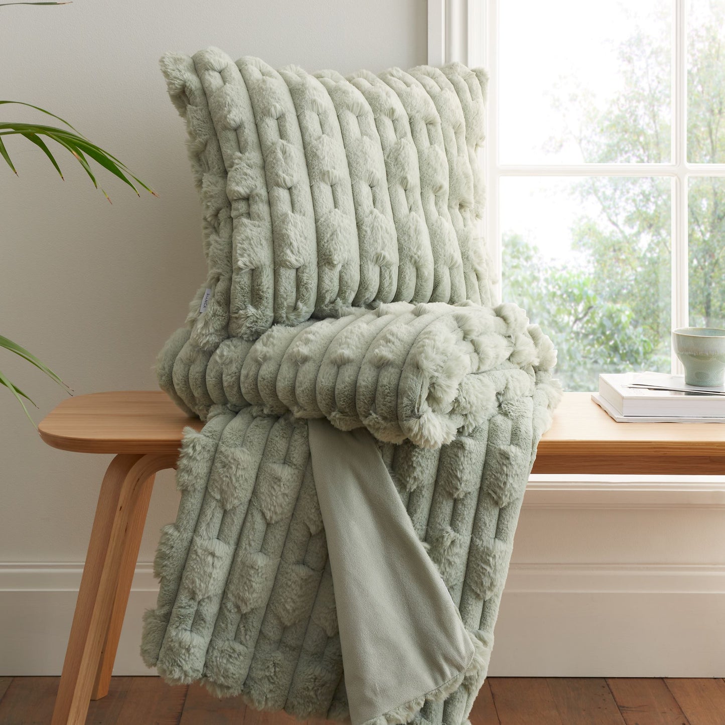 Carved Faux Fur Throw & Cushion Sage