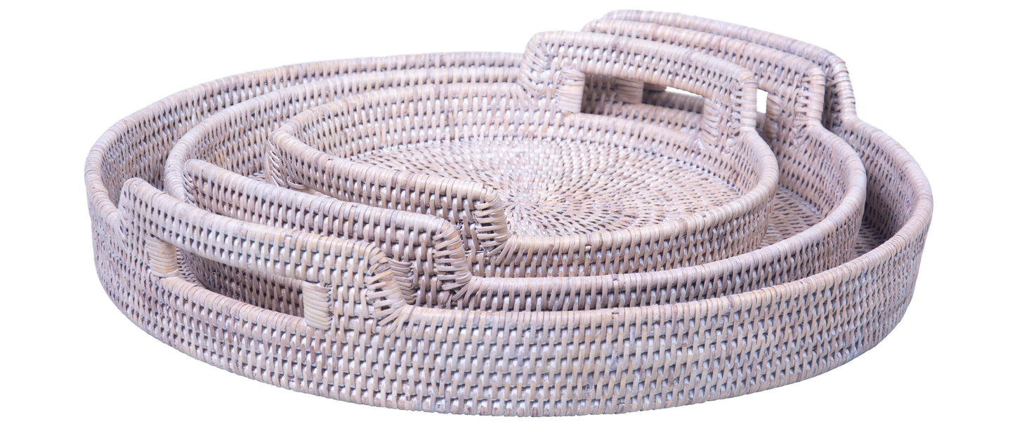 Set of 3 Rattan Round Trays with Handles - Natural Wash