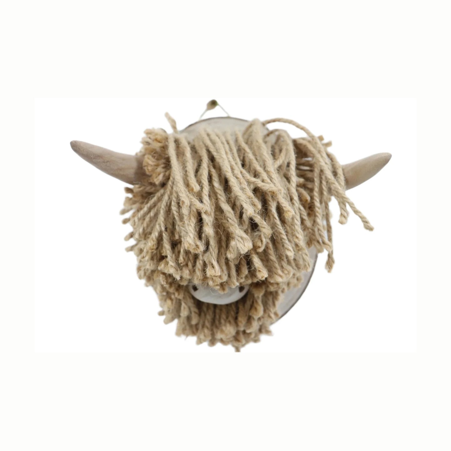 Decorative wall-mounted head with jute hair and horns on a white background