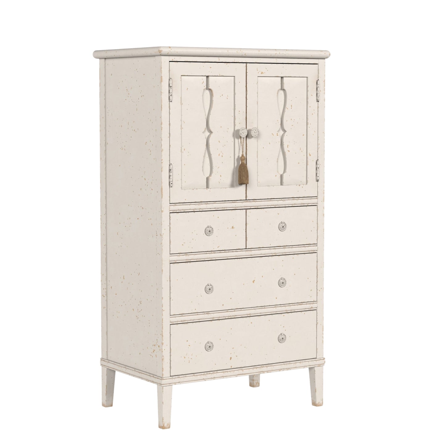 White wooden cabinet with glass doors and drawers on a white background