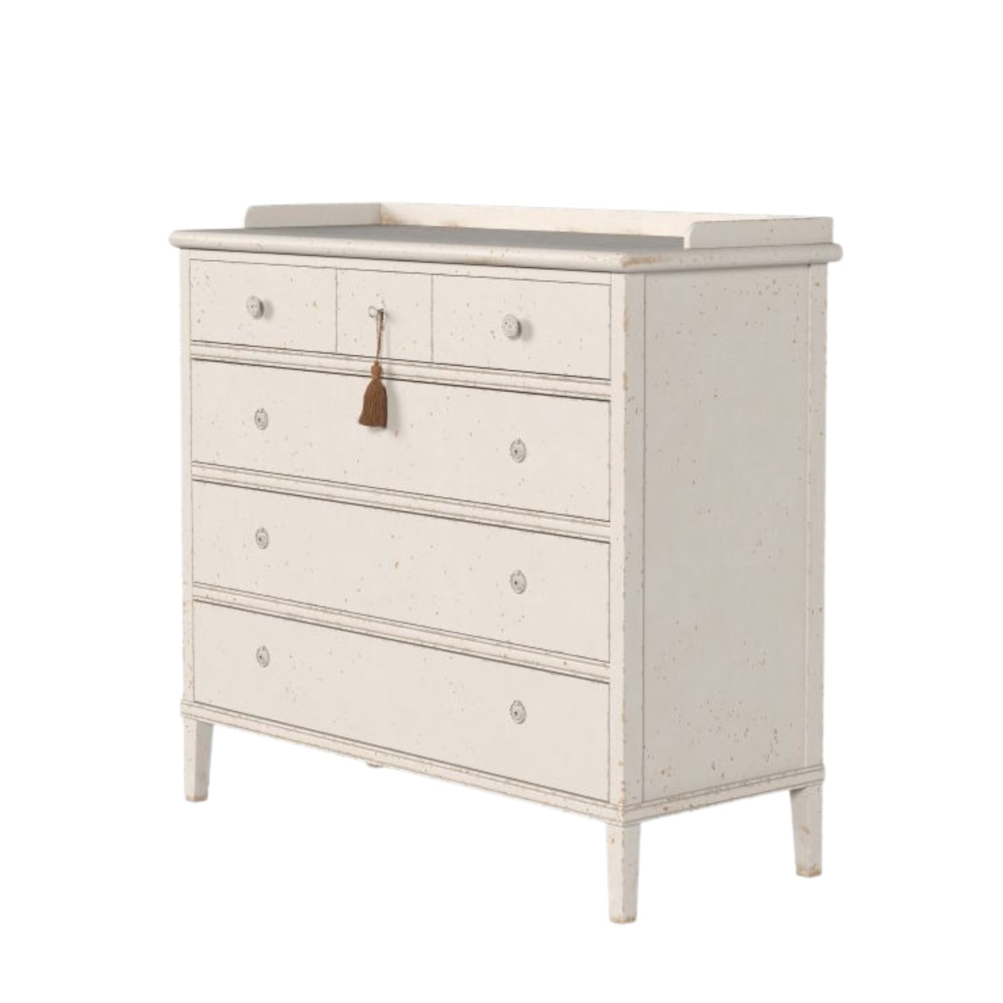 White dresser with four drawers on a white background
