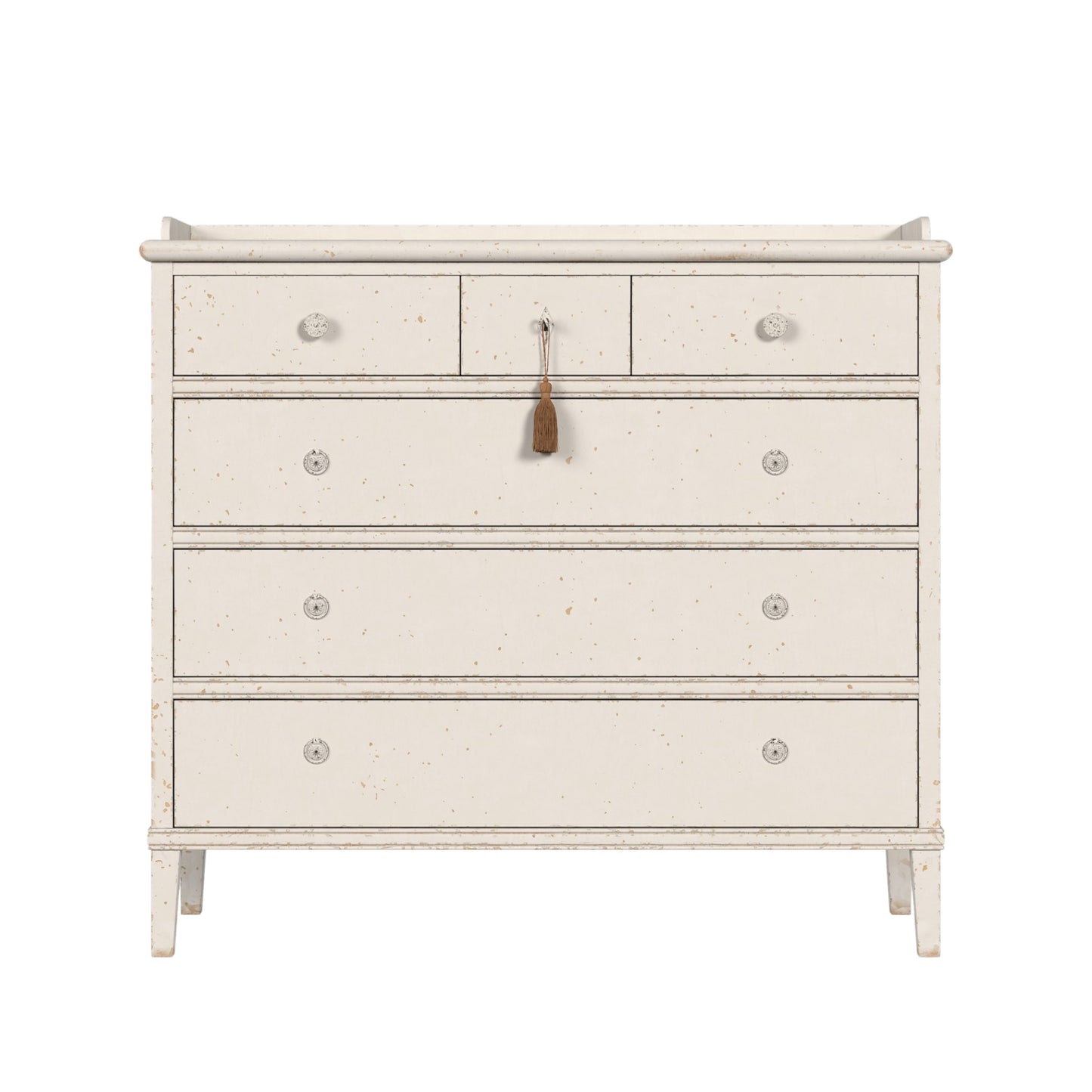 White distressed dresser with decorative elements on a white background