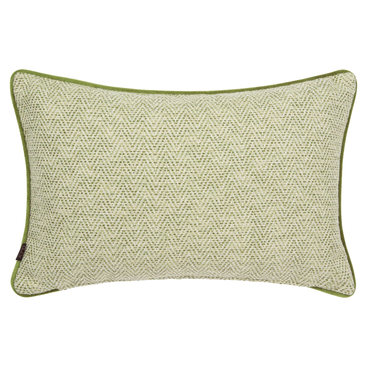 A rectangular cushion with a zig zag pattern in green and white colours, with a green piped edge.