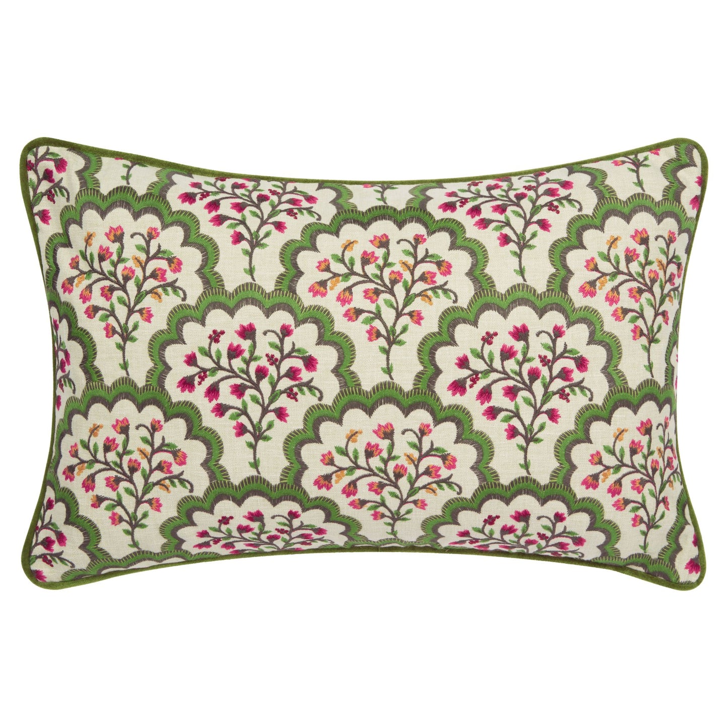 A rectangular cushion with a floral pattern in green, pink, and white colors, with a green piped edge.