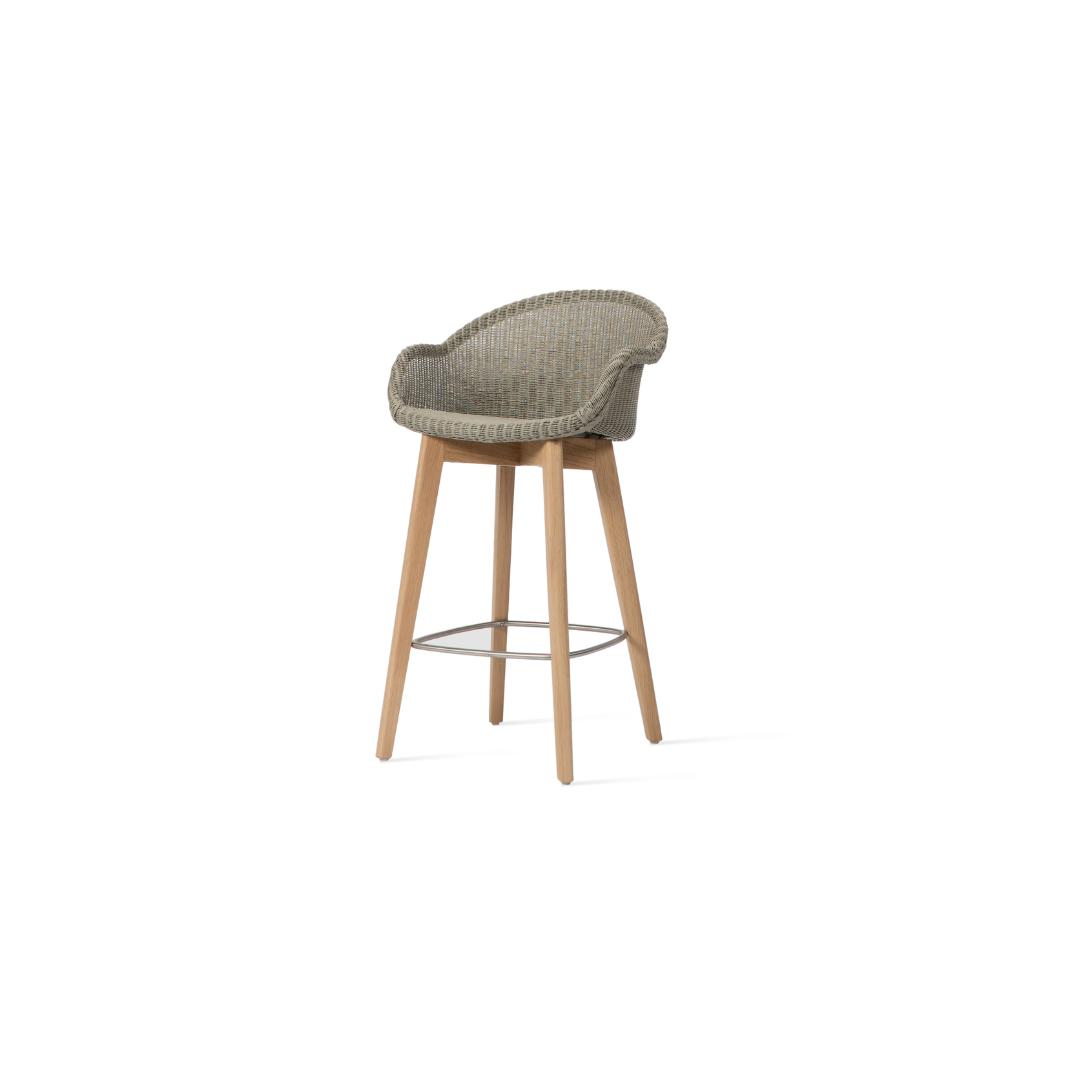Light green counter stool in delicate Lloyd Loom weave with a beautifully crafted oak wood base.