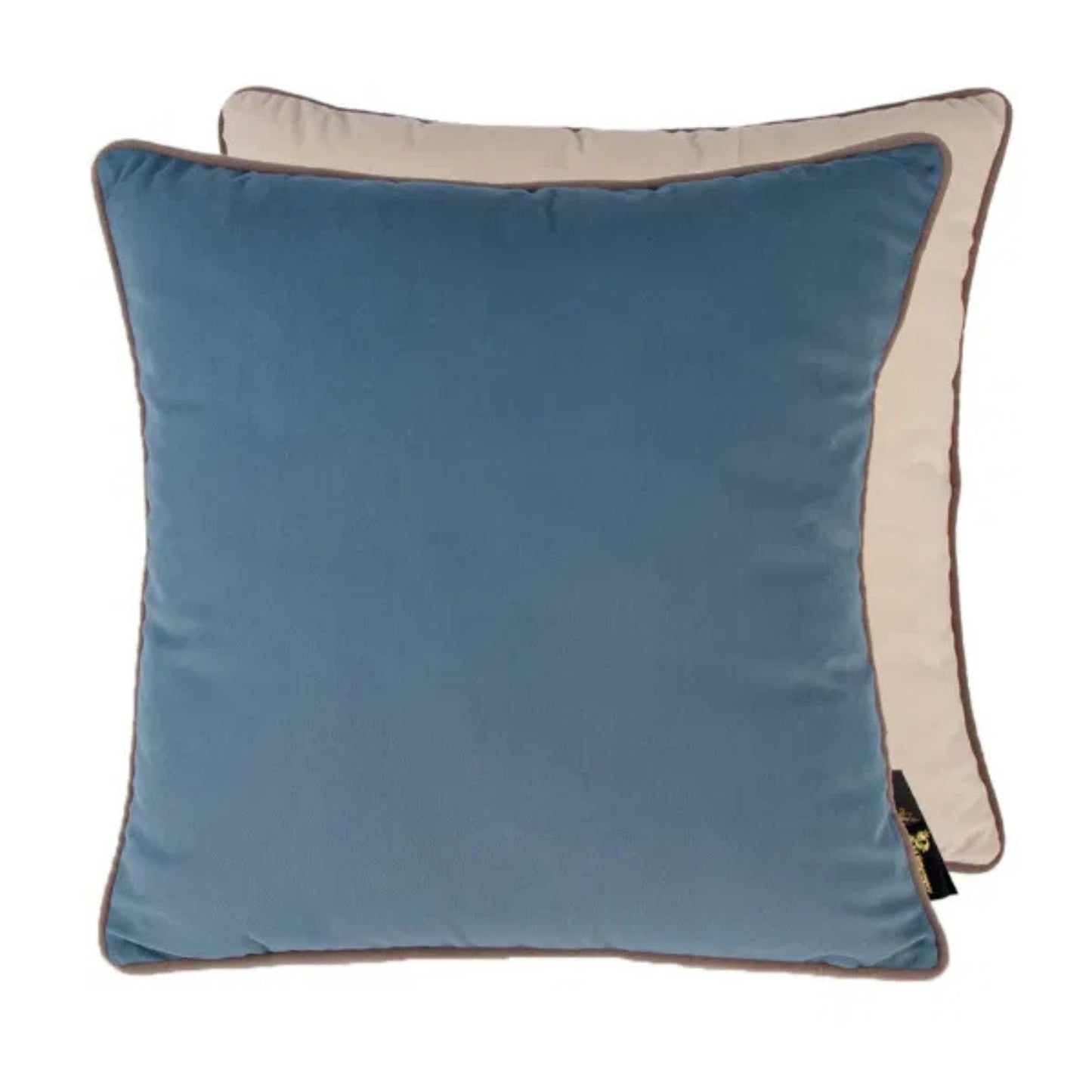 A large square cushion with one half in blue velvet and the other half in champagne velvet, both with taupe piping.