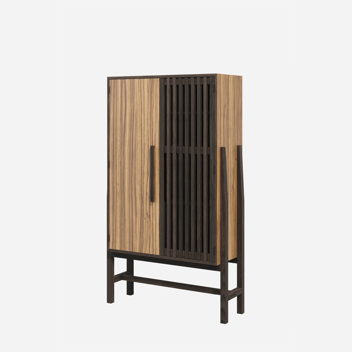 Wooden tall cabinet with a slatted wood door on a white background