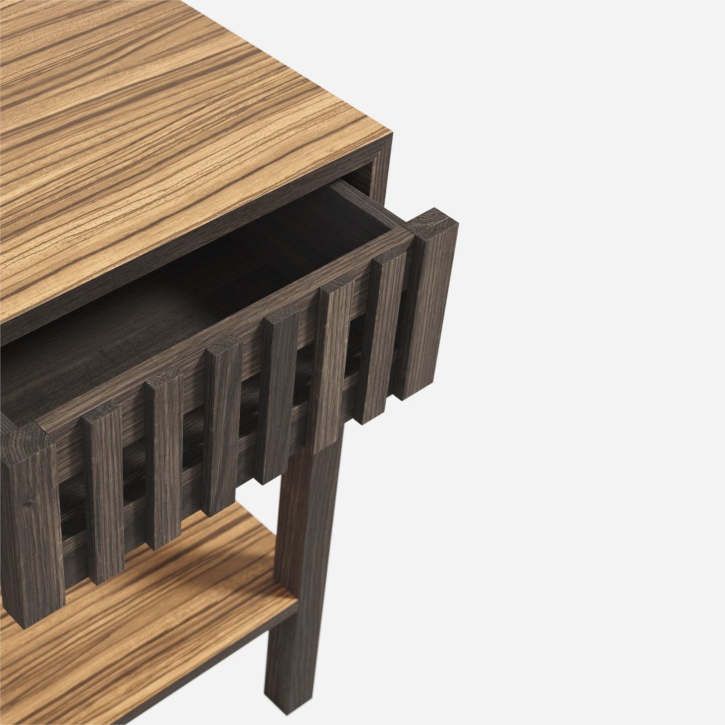 Wooden console table with a drawer and shelf on a white background