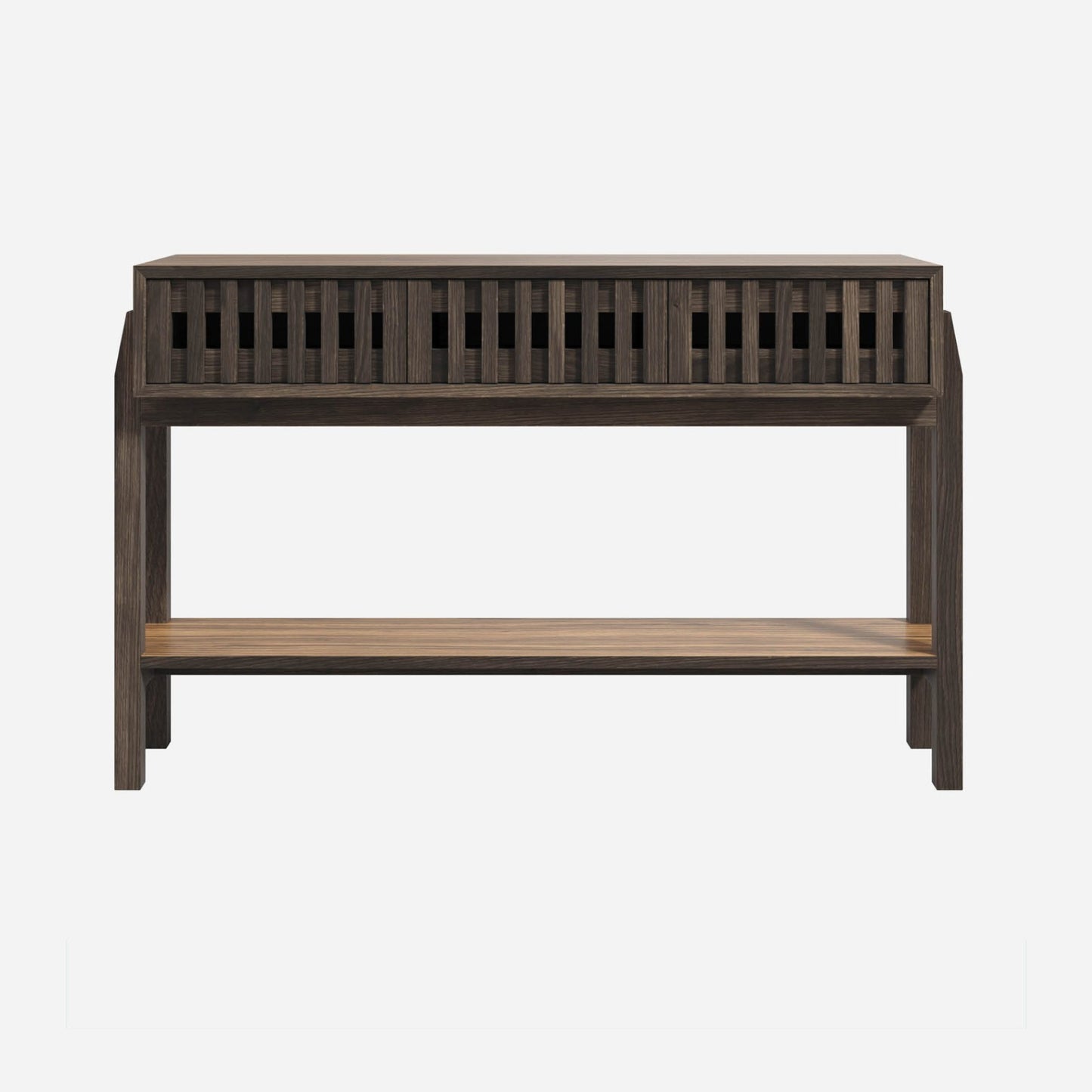 Wooden console table with slatted wood drawer fronts on a white background