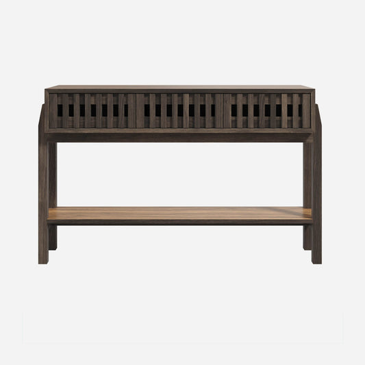 Wooden console table with slatted wood drawer fronts on a white background