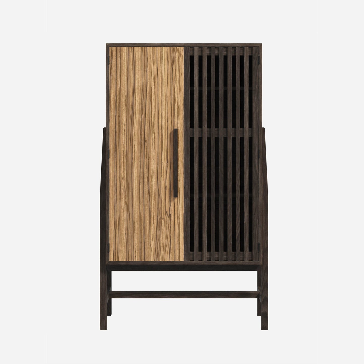 Wooden cabinet with a slatted wood door design on a white background