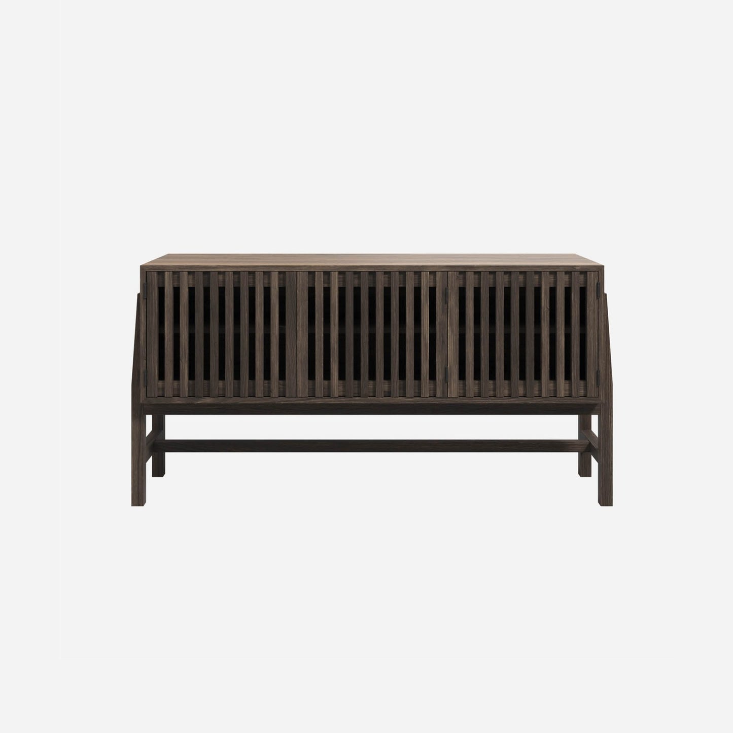 Wooden three door cabinet with slatted design on a white background