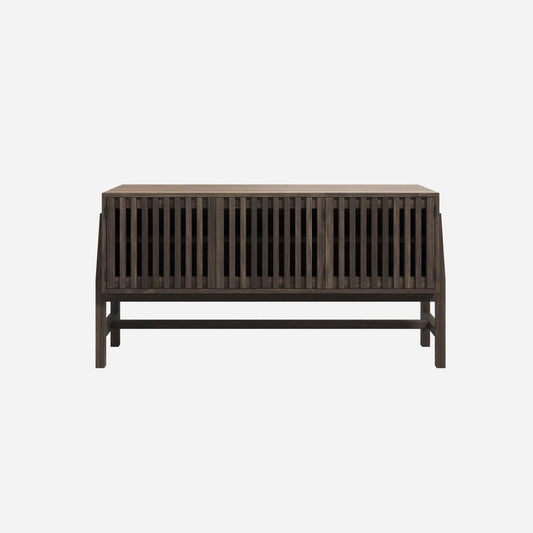 Wooden  three door cabinet with slatted design on a white background