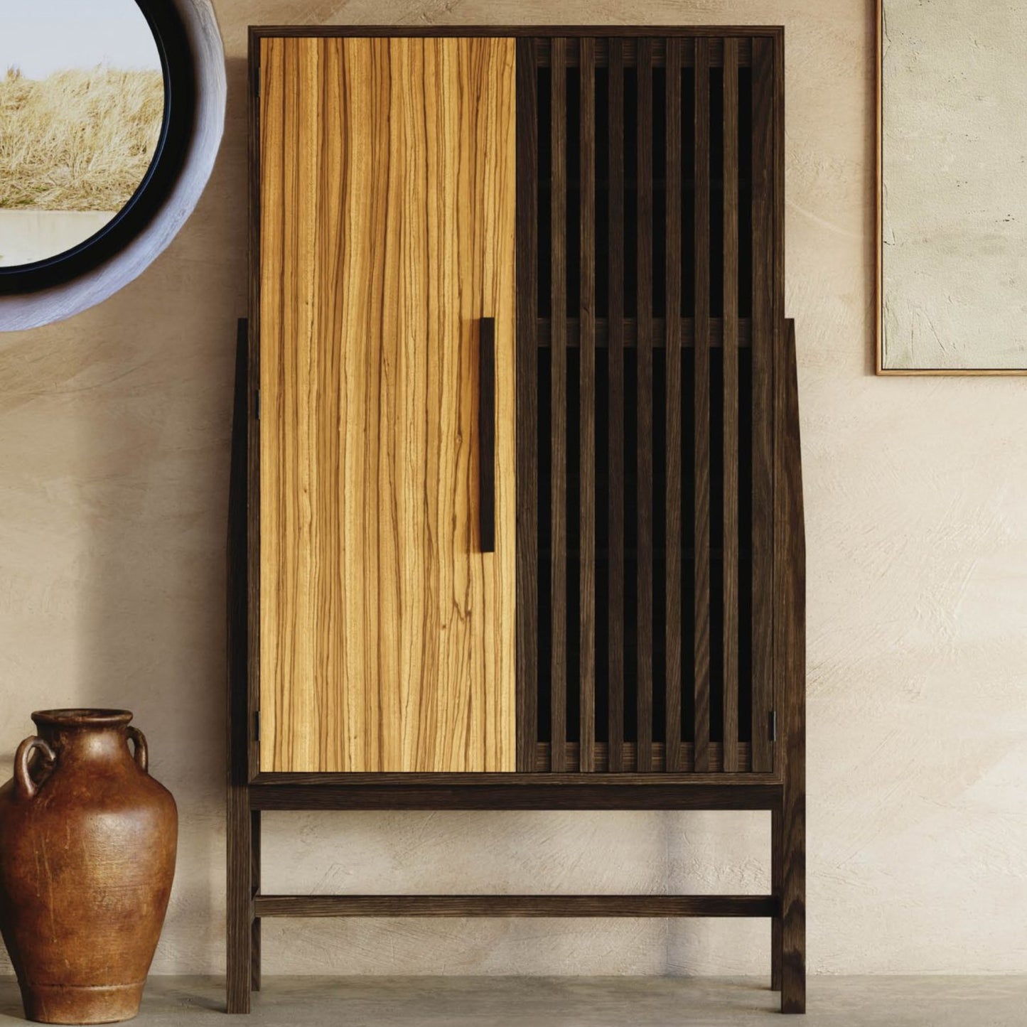 Wooden cabinet with a vase on a neutral background