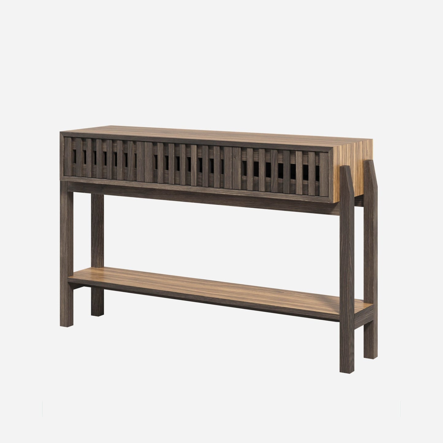 Wooden console table with a dark brown finish on a white background