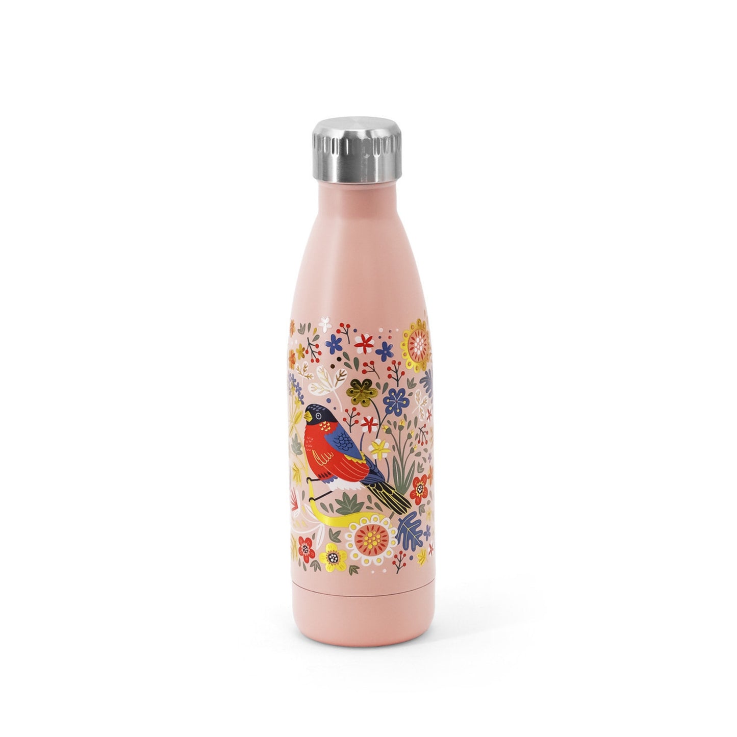 Pink water bottle with floral and bird design on a white background