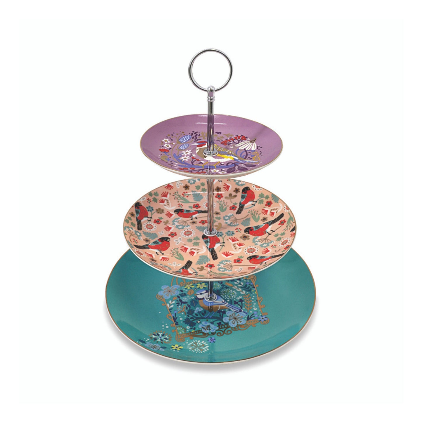 Three-tiered decorative cake stand with colorful designs on a white background