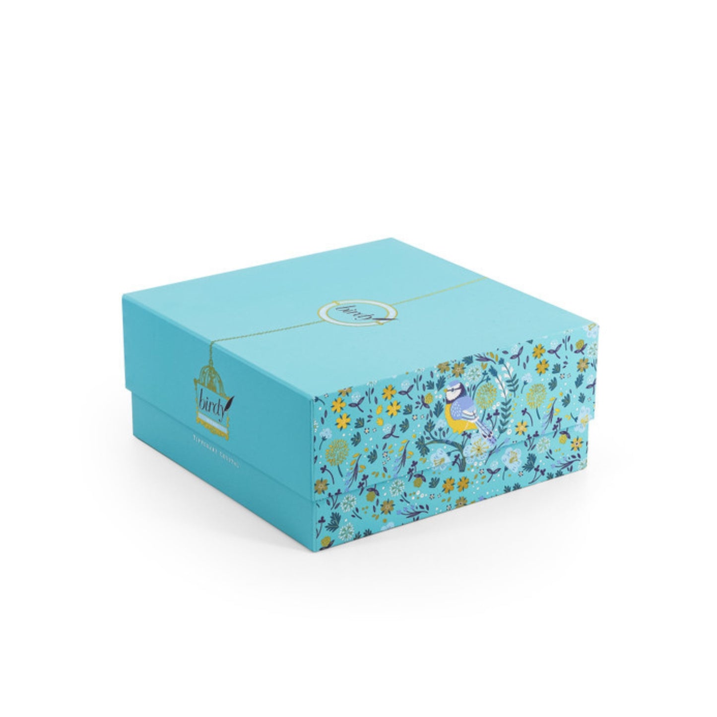 Blue gift box with floral and animal pattern on a white background