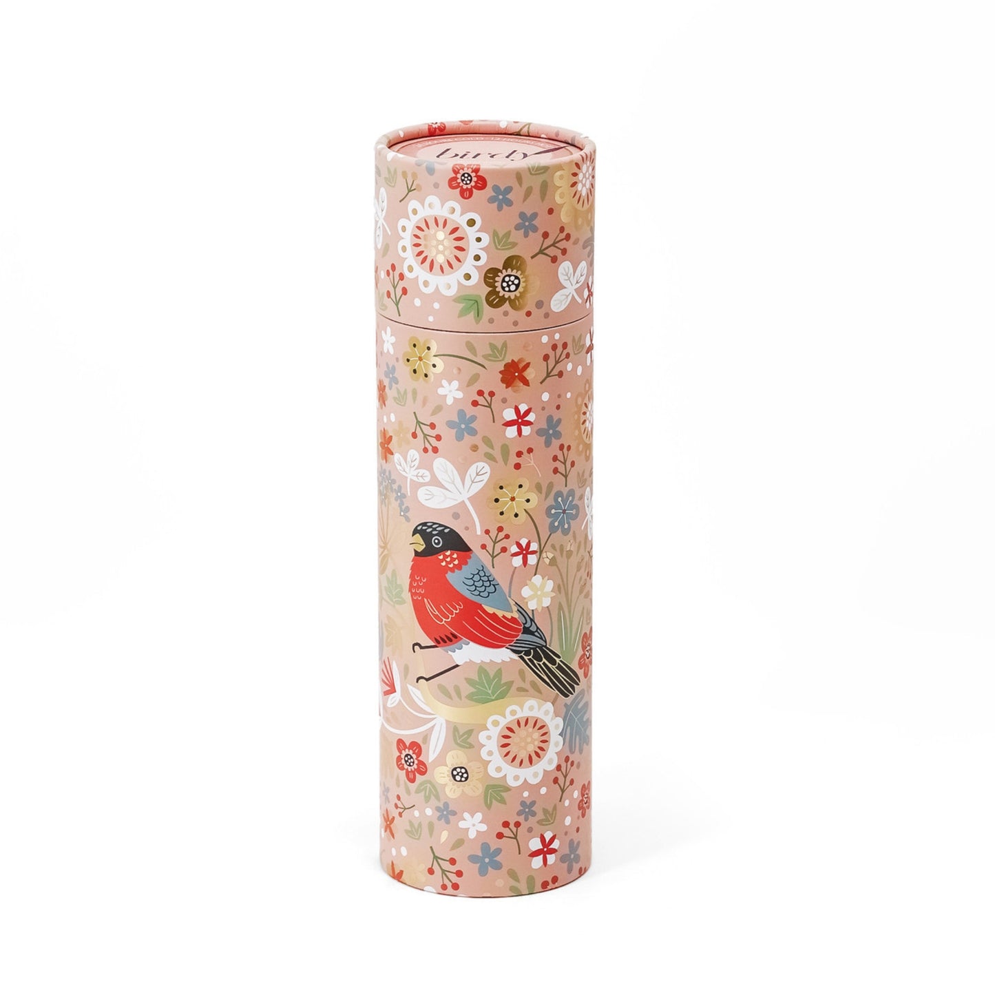 Decorative cylindrical tube gift box with floral and bird design on a white background