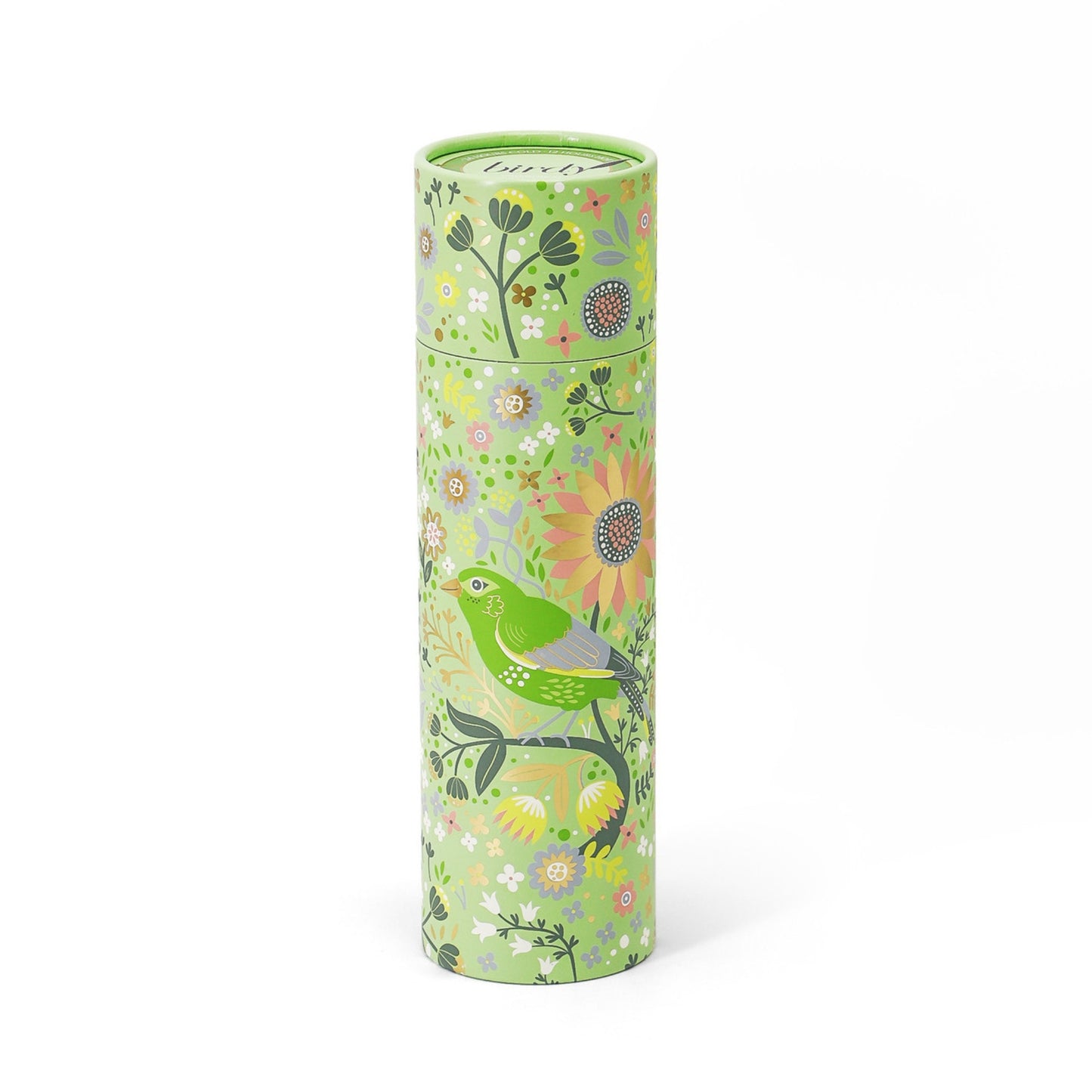 Decorative cylindrical gift box with floral and bird design on a white background