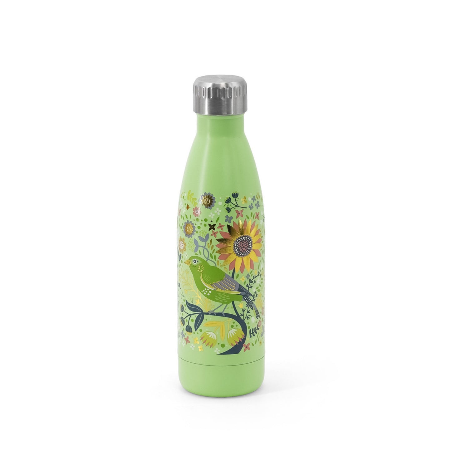 Green water bottle with floral and bird design on a white background