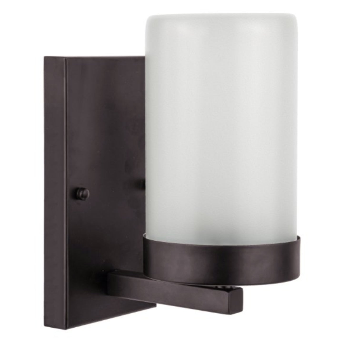 Wall-mounted light fixture with a dark bronze finish and a white glass shade on a white background.