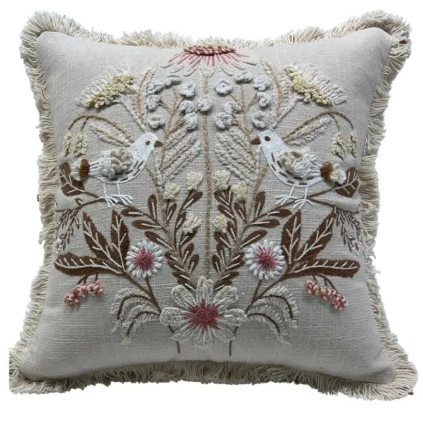 Decorative pillow with embroidered birds and flowers on a white background