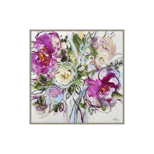 A framed canvas art piece featuring a colourful painting of a floral arrangement with prominent purple petals.
