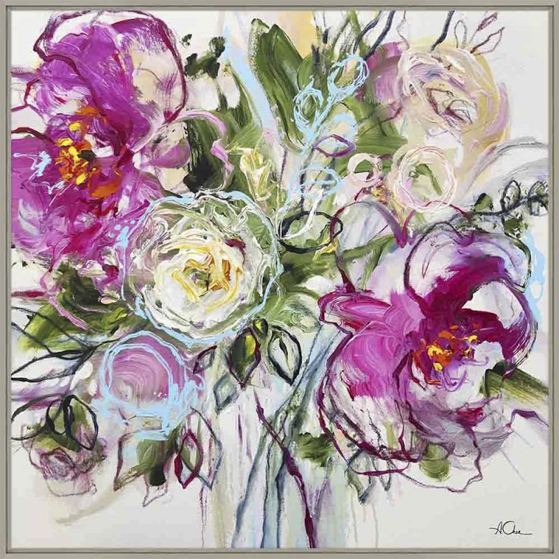 A framed canvas art piece featuring a colourful painting of a floral arrangement with prominent purple petals.