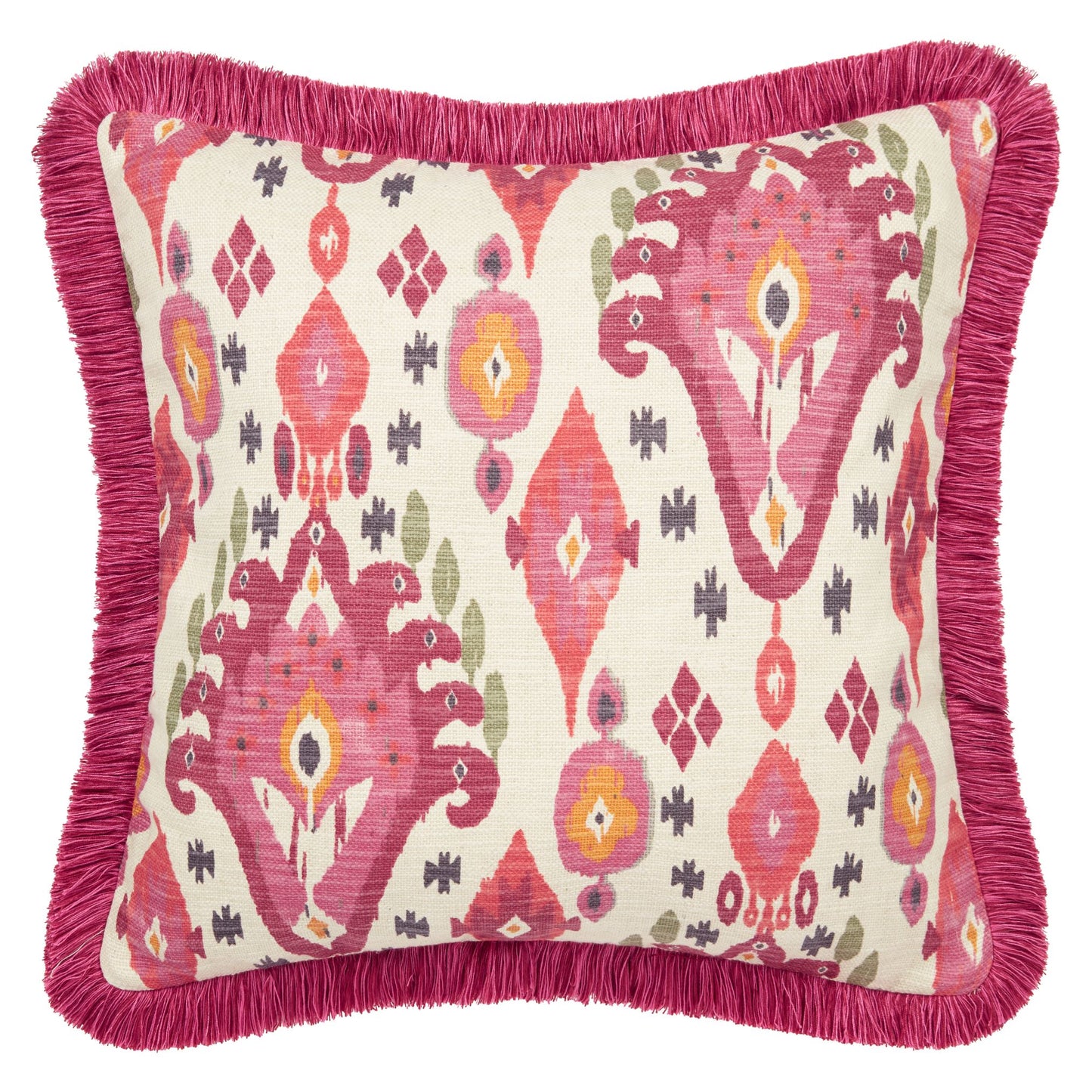 A square-shaped Boho Begonia fringed cushion with pink fringing and a geometric pattern in pink, red, and beige tones.