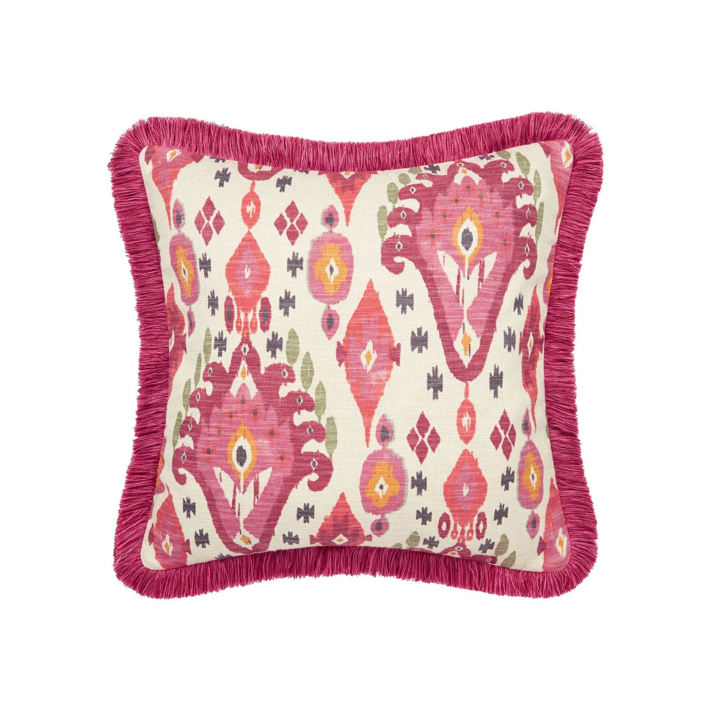 A square-shaped Boho Begonia fringed cushion with pink fringing and a geometric pattern in pink, red, and beige tones.