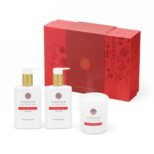 Unwind body care set with two bottles, a candle and a red decorative box on a white background