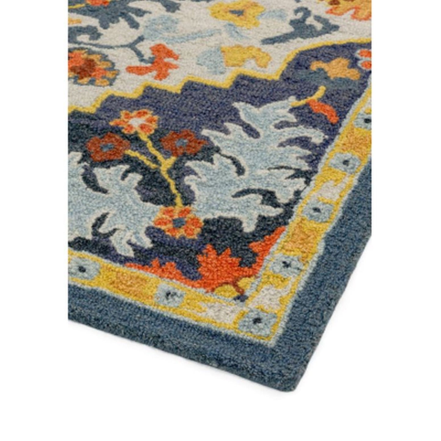 Detail of A multicolored wool rug with a distinctive Persian medallion design.