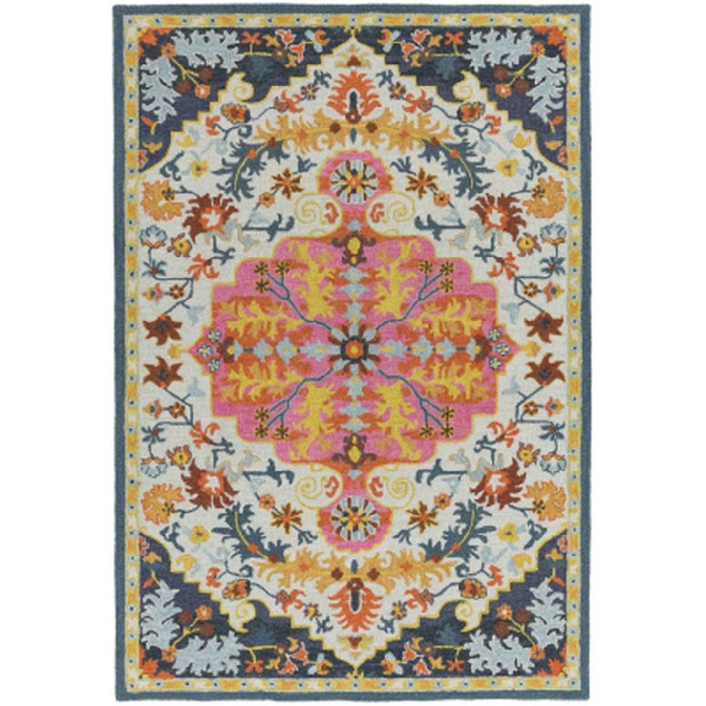 A multicoloured wool rug with a distinctive Persian medallion design, placed on a floor in a room with a white sofa, showcasing its vibrant colours.