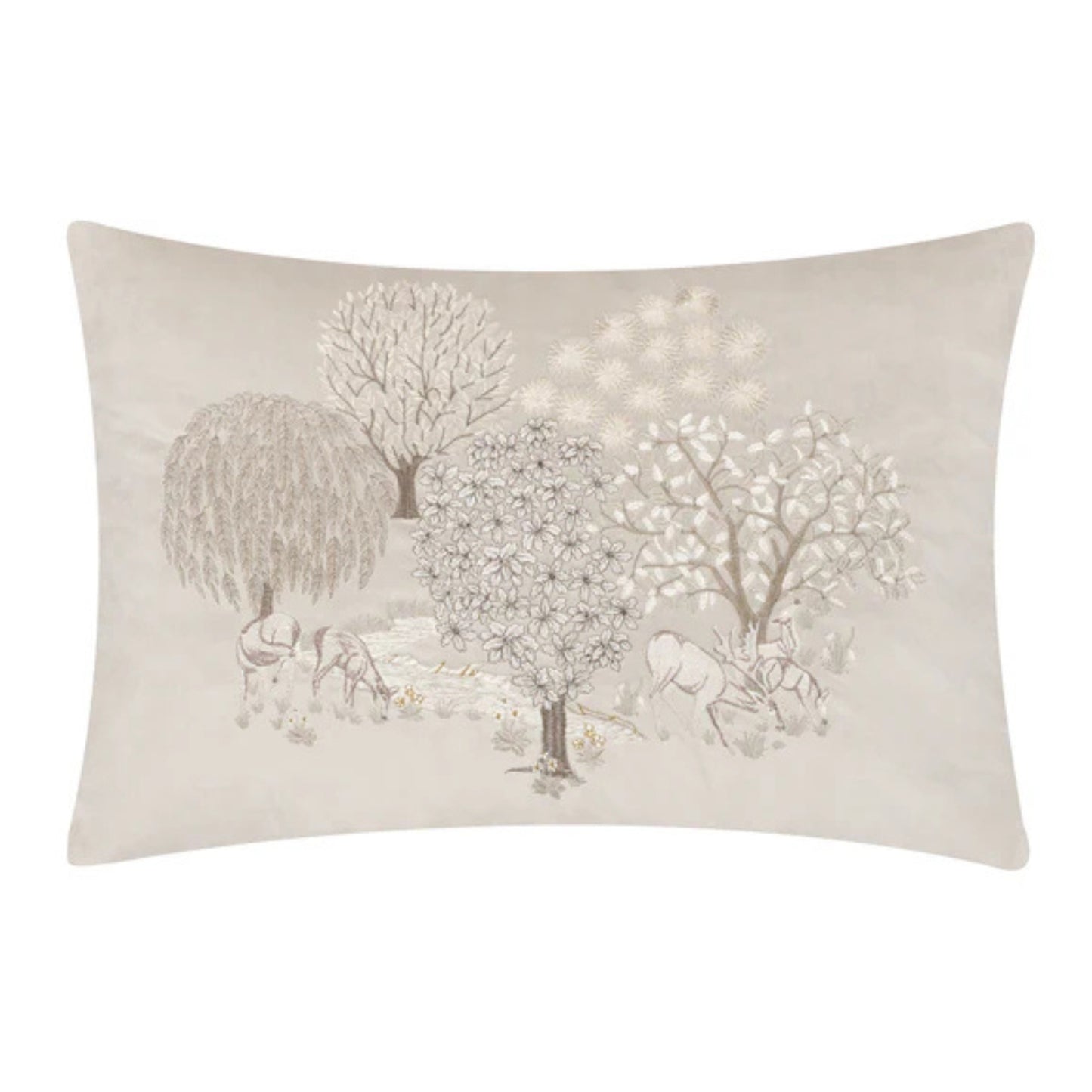 Decorative pillow with tree and animal design on a beige background