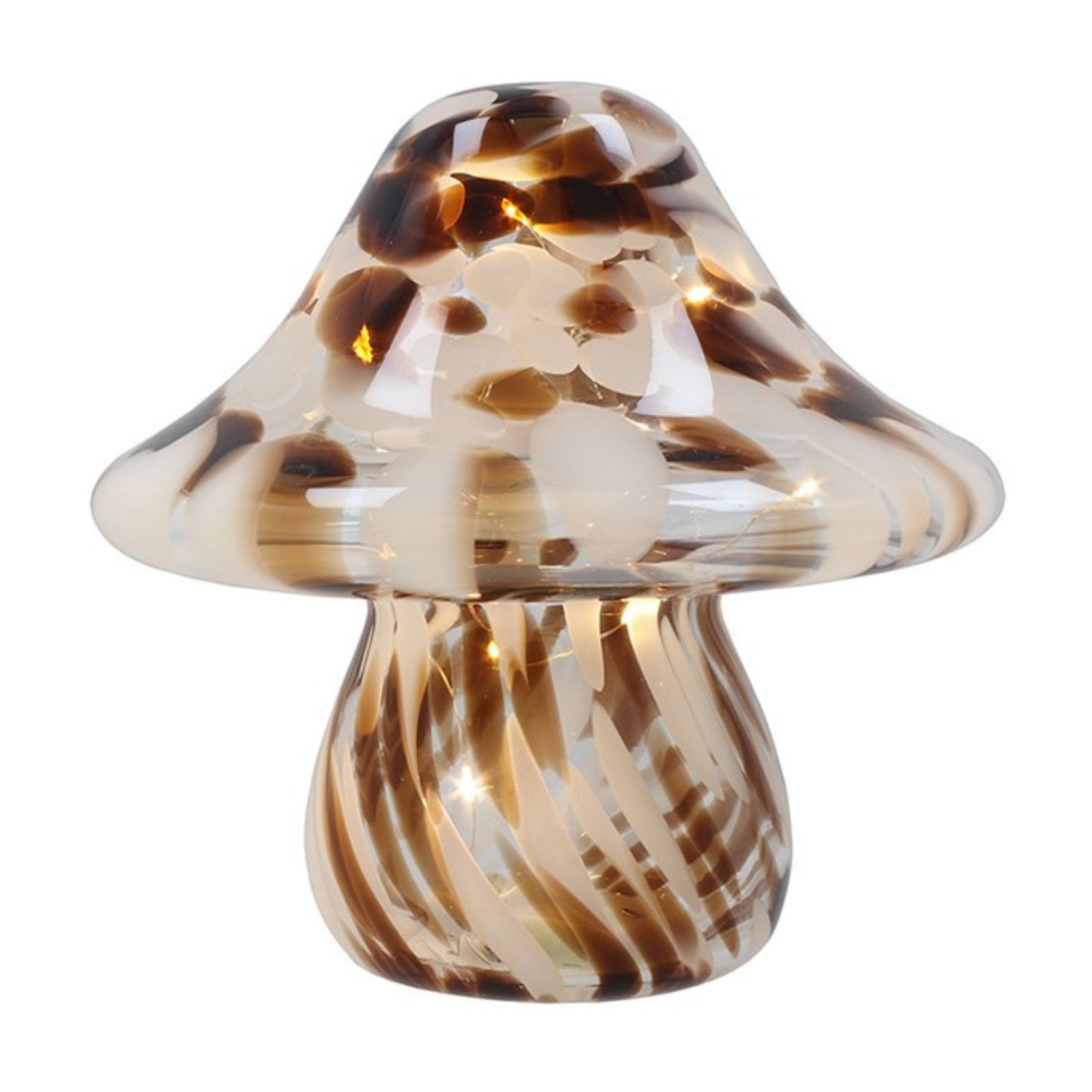 Glass mushroom-shaped lamp with brown and clear pattern on a white background