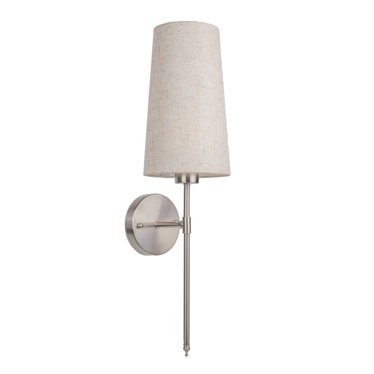 Wall-mounted light fixture with a beige lampshade on a white background