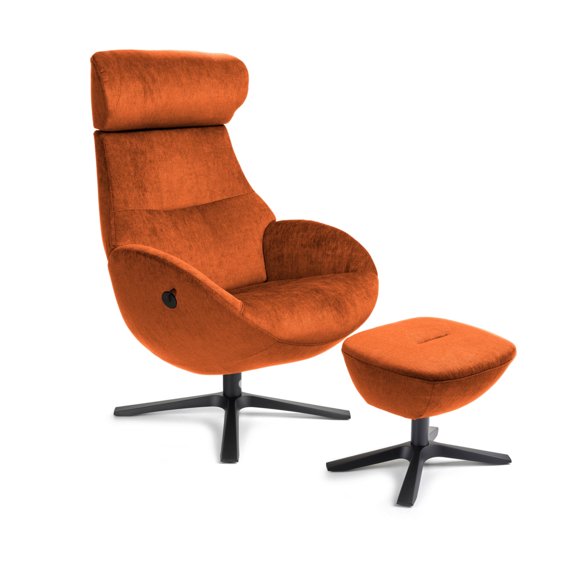 Orange recliner armchair with foot stool on a white background