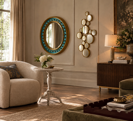 A styled interior room featuring decorative wall mirrors, including a large oval mirror with a turquoise and gold frame and a smaller cluster of gold circular mirrors, set in a warm beige living room with a cream armchair, side table, and wood cabinet.