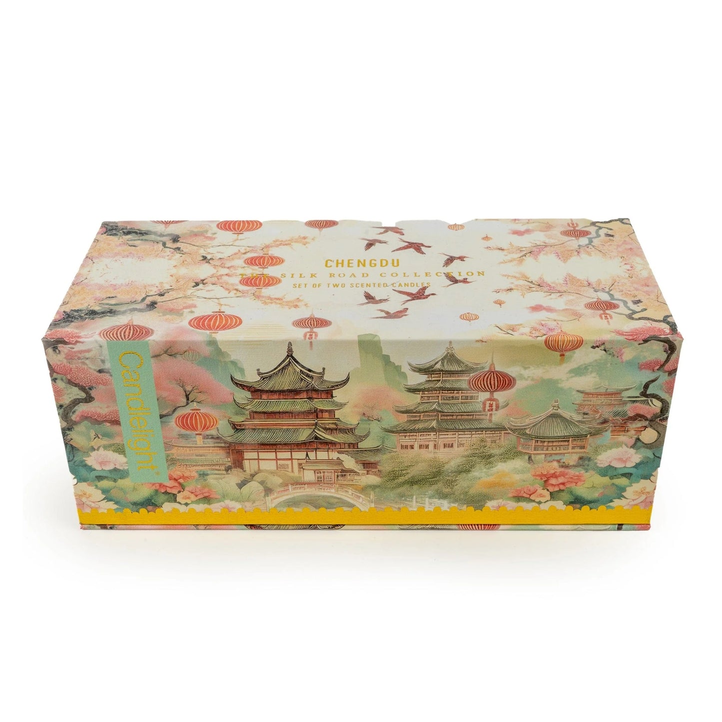 Decorative box with Chinese architectural design and floral elements on a white background