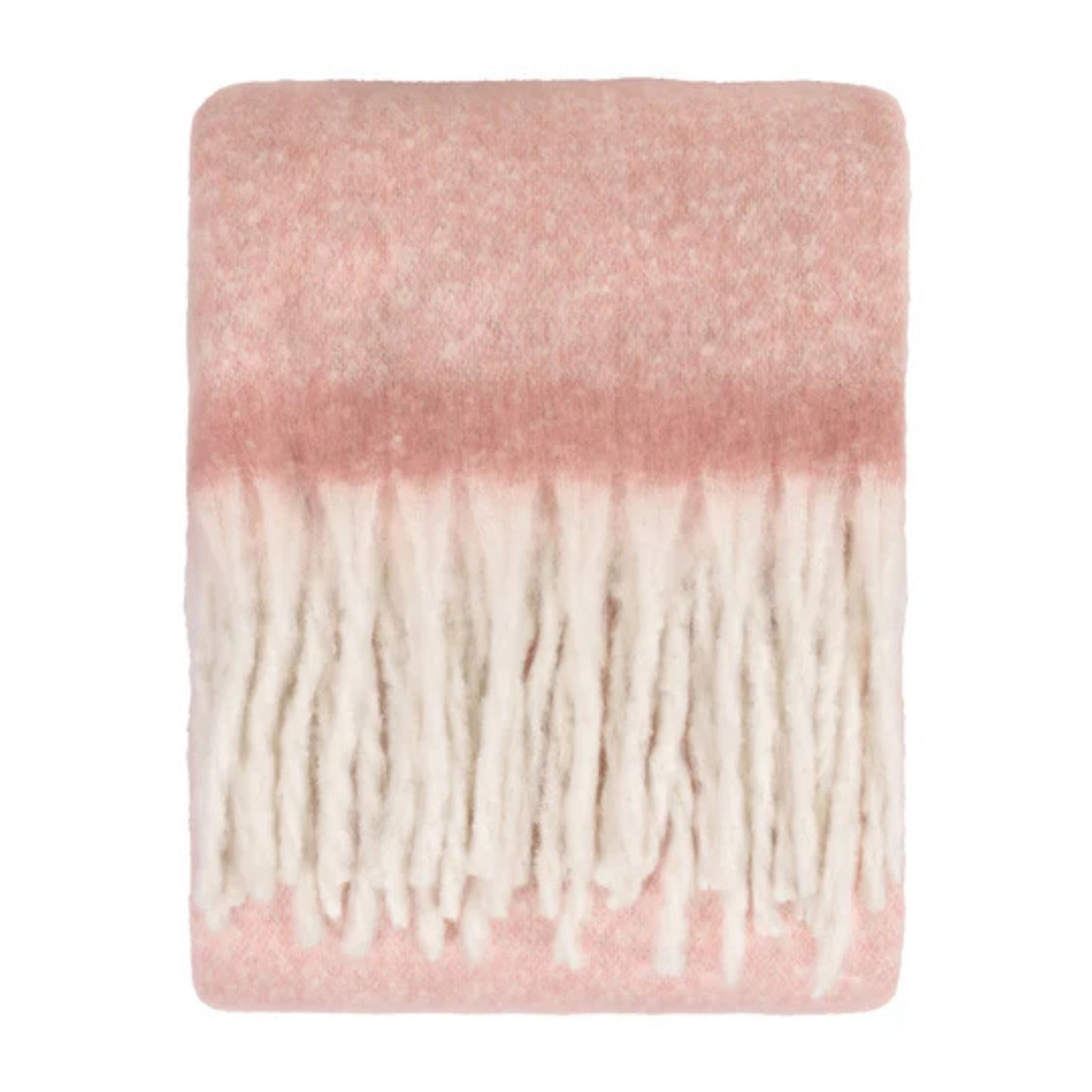 Pink and white blanket with fringes on a white background