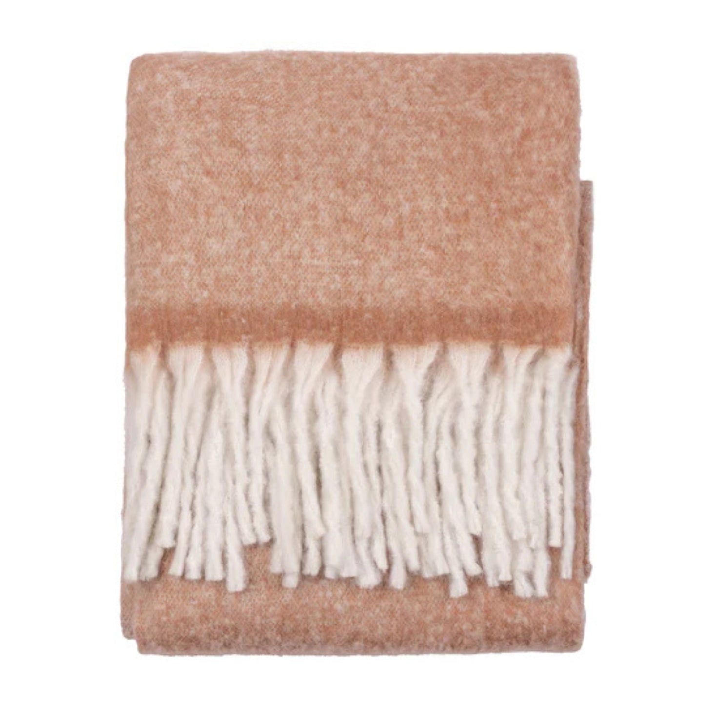 rust blanket with white fringe on a white background
