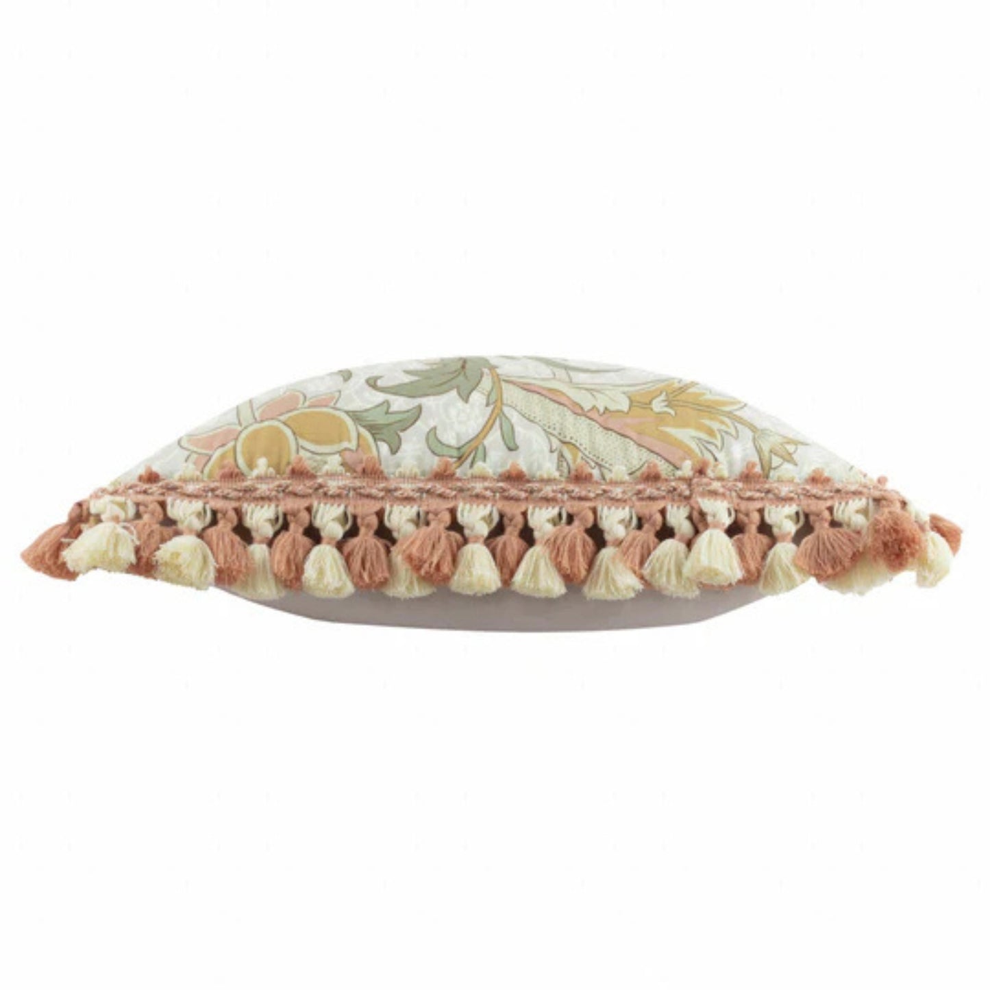 Decorative pillow with floral pattern and tassel trim on a white background