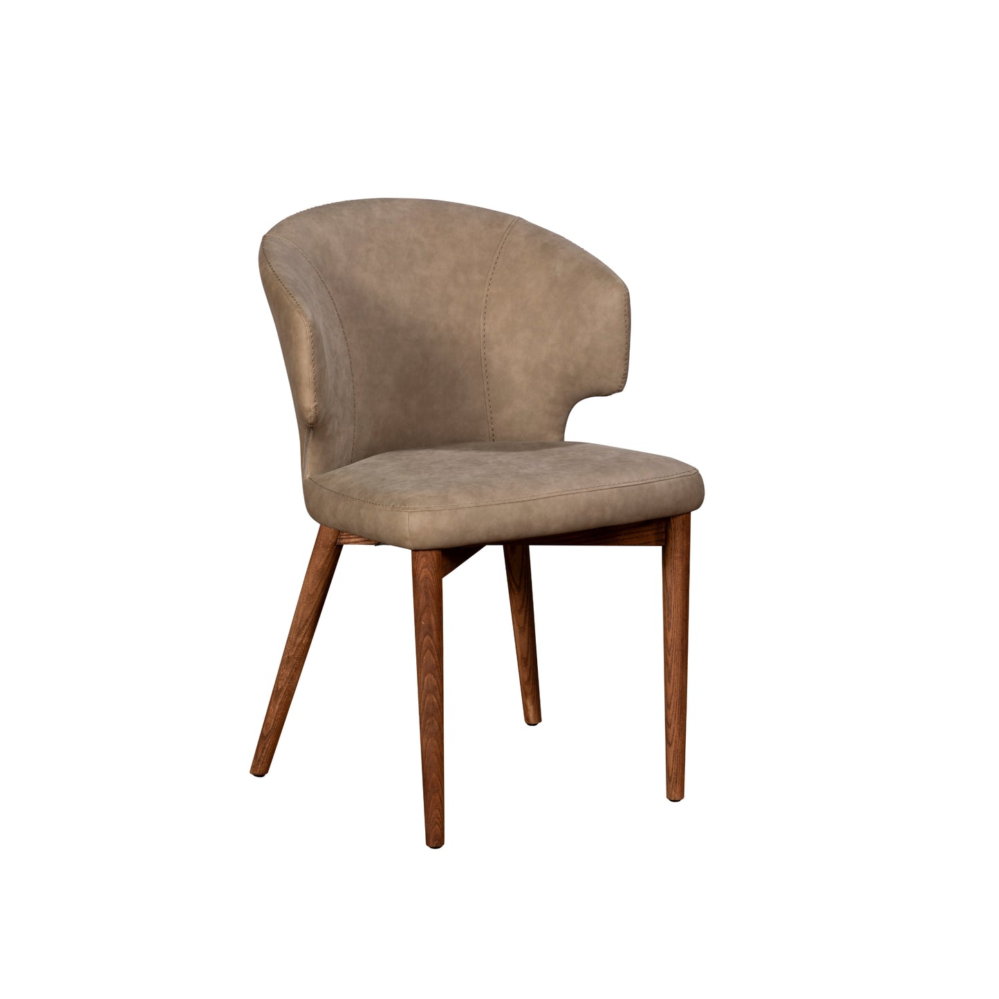 Beige upholstered chair with wooden legs on a white background