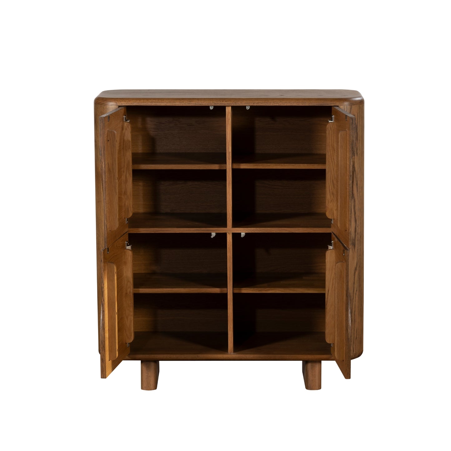 Wooden cabinet with open doors on a white background