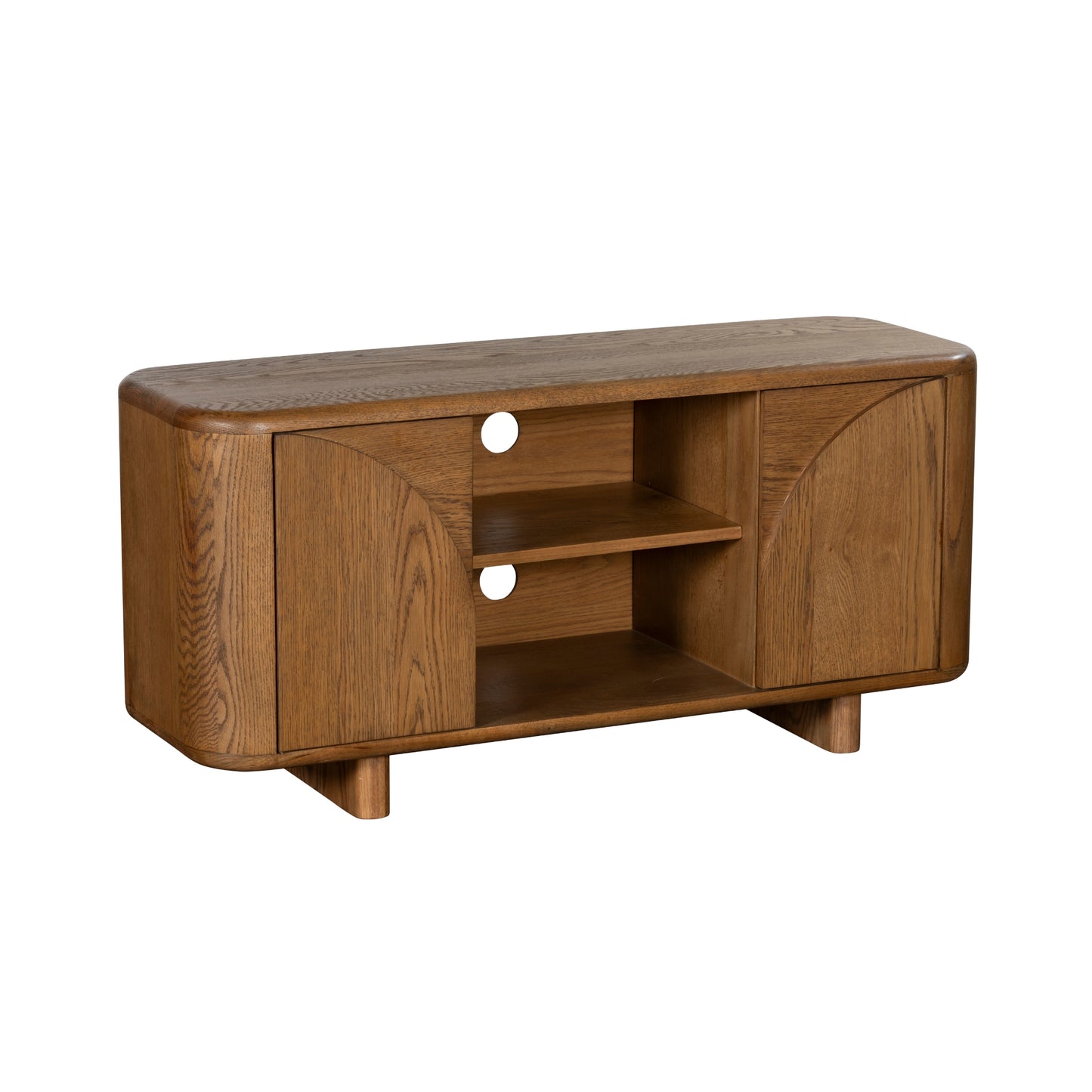 Oak tv unit with closed doors and middle open shelves on a background