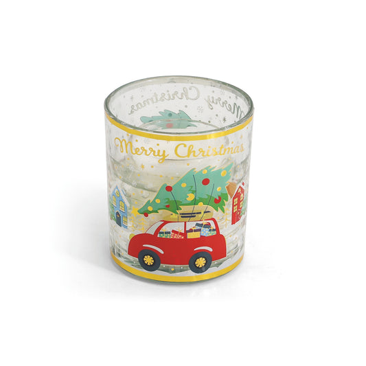 Christmas Candle with a christmas tree on top of a red car print design