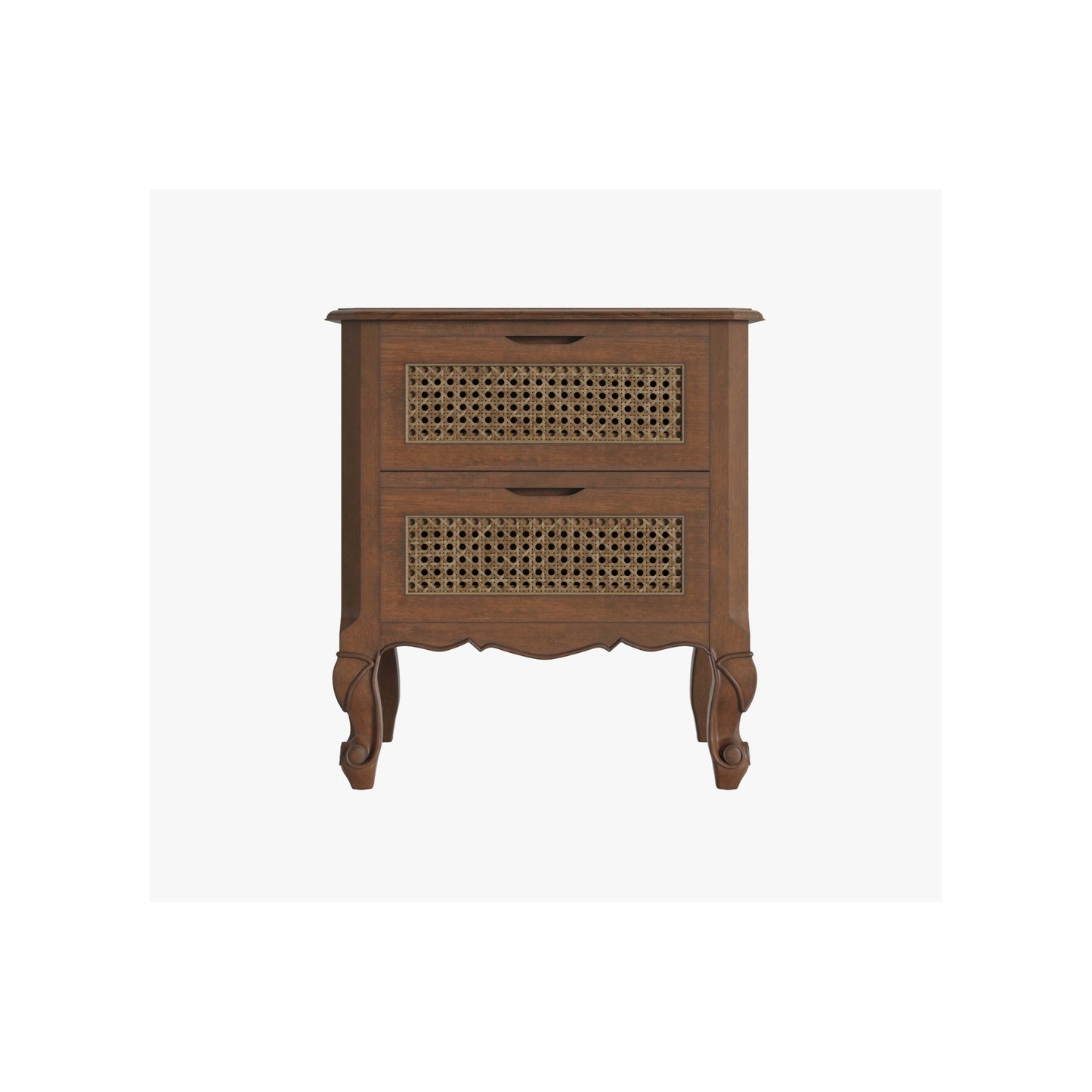 Walnut 2 drawer bedside chest on a white background